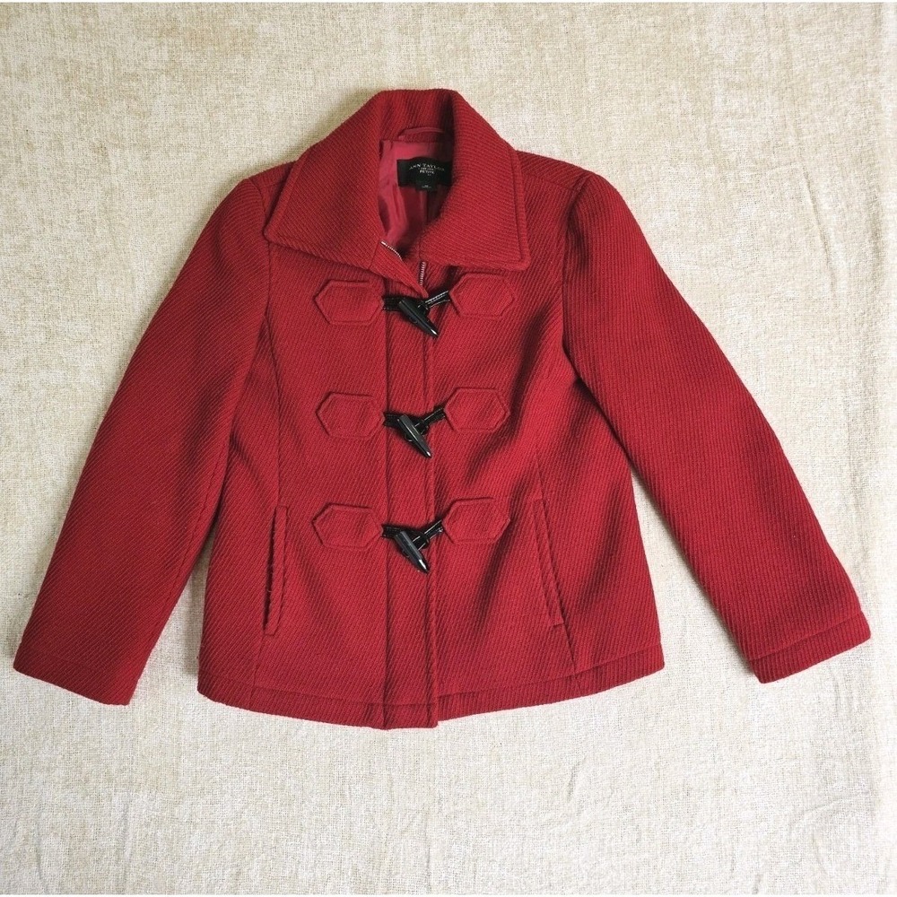 Ann Taylor Sz PS Red Wool Blend Toggle Tweed Coat  Classic Winter Jacket Holiday